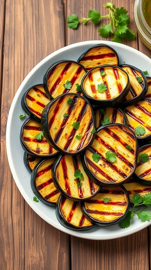Grilled eggplant slices garnished with parsley on a wooden table.